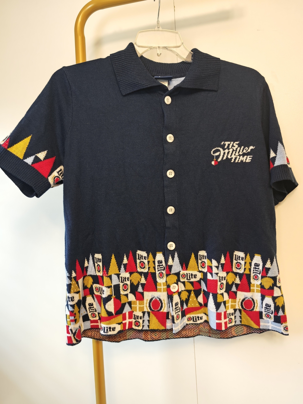 Men's Miller Time Beer Sweater Shirt Navy Short-Sleeve Knit Polo